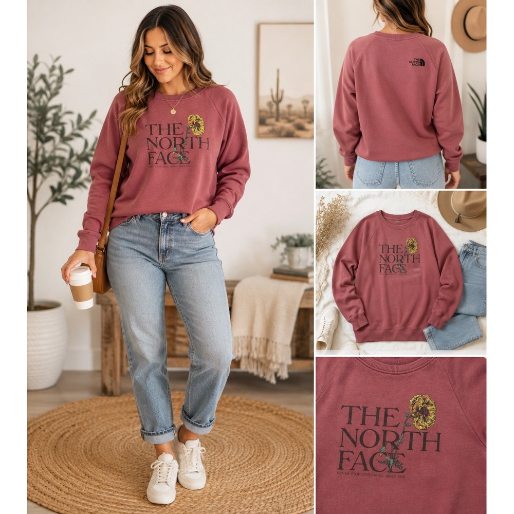 The North Face Womens Pink Sunflower Graphic Fleece Crewneck Sweatshirt Medium